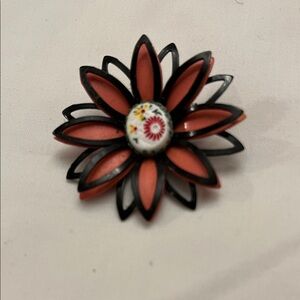 Coral Flower Resin Brooch with Floral Ceramic Center - Women Jewelry